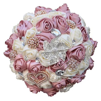 21CM Silk Rose Wedding Flower Bouquet Pearl Rhinestone Brooch Bouquet Bride Bridesmaid Holding Flowers Wedding Party Shooting Props