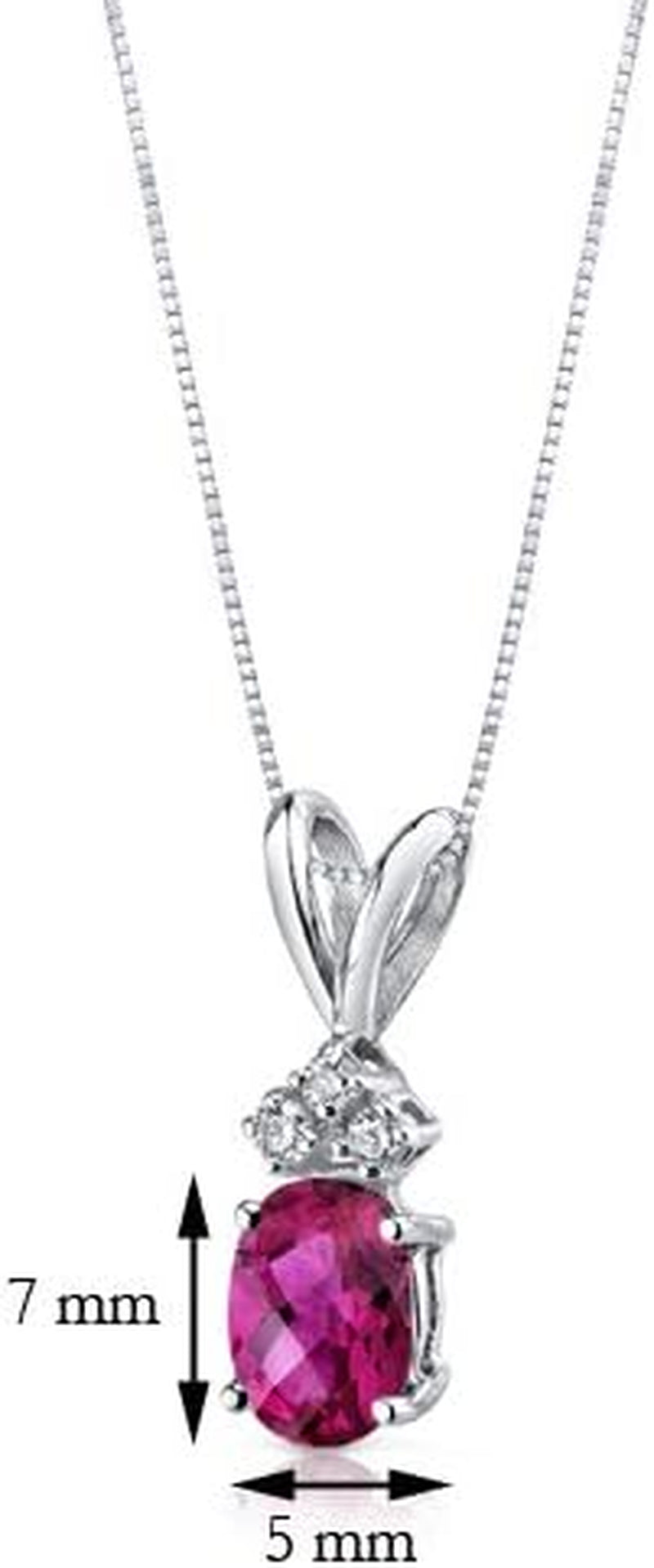 Solid 14K White Gold Created Ruby with Genuine Diamonds Pendant for Women, Dainty Solitaire, Oval Shape, 7X5Mm, 1 Carat Total