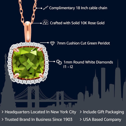 10K Rose Gold Gemstone Birthstone and White Diamond Halo Pendant Necklace | Cushion Cut 7MM | Rose Gold Necklace for Women | with 18 Inch Chain