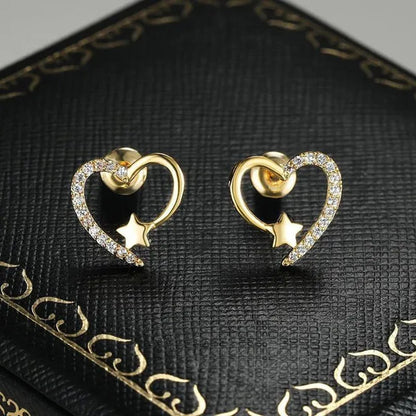 14K  Gold Love Heart Star White Zircon Stud Earrings for Women Wedding Engagement Bride Jewelry Gift