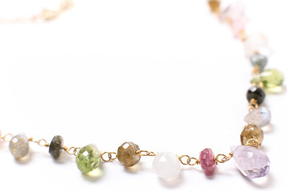 Multi Gemstones Necklace Wire Wrapped Faceted Peridot, Moonstone, Amethyst, Labradorite, Pink Tourmaline, Prehnite Briolette Drop 4X6-5X9Mm,Rondelle in 14K Gold Filled Chain & Clasp Necklace (18")