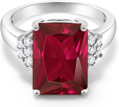 5-10 Cttw Gemstone Birthstone Engagement Ring for Women | 14X10MM Emerald Cut | 925 Sterling Silver | Wedding Anniversary Promise Ring | Available in Size 5, 6, 7, 8, 9
