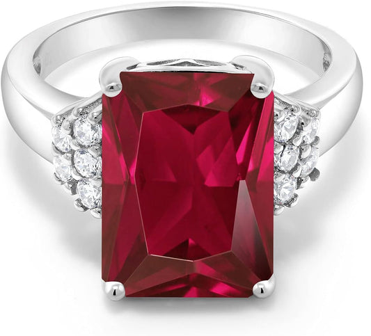 5-10 Cttw Gemstone Birthstone Engagement Ring for Women | 14X10MM Emerald Cut | 925 Sterling Silver | Wedding Anniversary Promise Ring | Available in Size 5, 6, 7, 8, 9