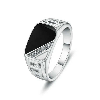 Classic Men's Punk Black Square Fashion Men's Ring Surface Classic Pattern Fashion Silver Plated Ring Size 6-12