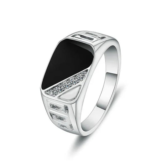 Classic Men's Punk Black Square Fashion Men's Ring Surface Classic Pattern Fashion Silver Plated Ring Size 6-12