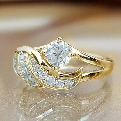 Gold&White Sapphire Angel Wings Charming Diamond Princess Ring Romantic Bride Proposal Eternity Ring Anniversary Christmas Gift for Girlfriend Mother's Day Gift Jewelry Size 5-11