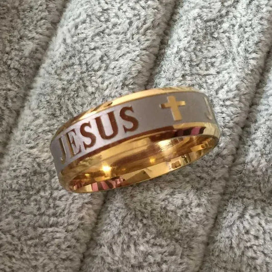 High quality large size 8mm 316 Titanium Steel 18K silver gold plated jesus cross Letter bible wedding band ring men women