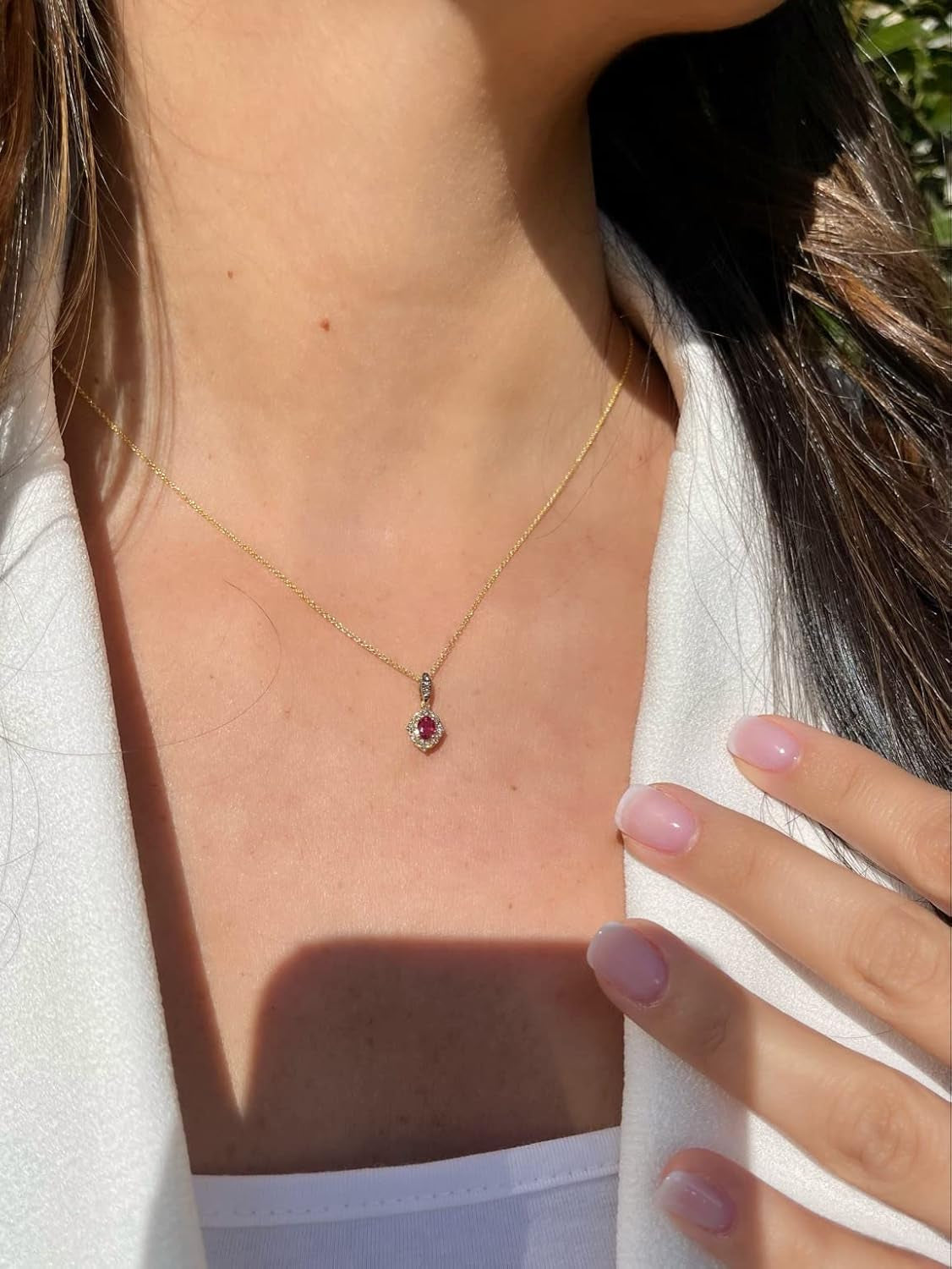 0.15 Carat Diamond and 1/4 Carat Red Ruby Oval Halo Pendant Necklace for Women in 14K Yellow Gold (White/Fancy Brown, Cttw) on 18 Inch Chain
