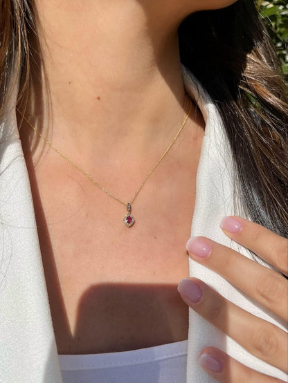 0.15 Carat Diamond and 1/4 Carat Red Ruby Oval Halo Pendant Necklace for Women in 14K Yellow Gold (White/Fancy Brown, Cttw) on 18 Inch Chain