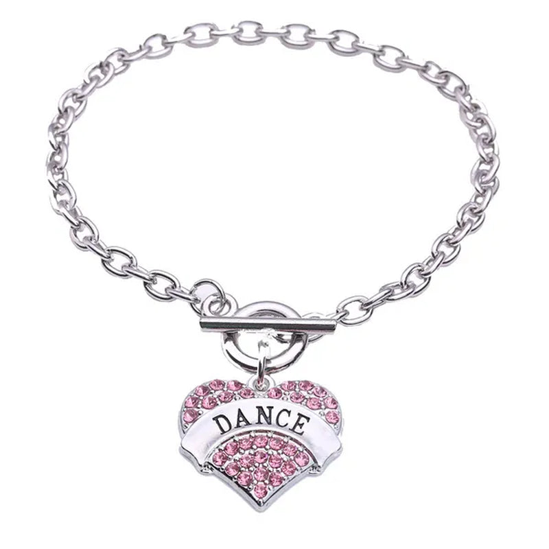Dance Pave Heart Toggle Charm Bracelet Crystal Silver Hearts DANCE Art Lobster Claw Bracelets