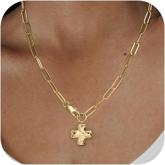 Chunky Cross Necklace for Women Trendy 14K Gold Silver Plated Statement Big Cross Pendant Paperclip Chain Charm Necklaces Religious Faith Easter Basket Stuffers Baptism Costume Jewelry Gift