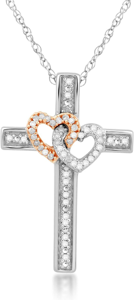 Sterling Silver and 10K Rose Gold 1/10 Cttw Natural White round Diamond Double Heart Cross Pendant Necklace, 18" Rope Chain