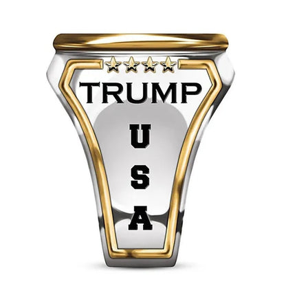 Exquisite 925 Sterling Silver Plated Mens Fashion Ring Two Tone 18K Gold Plated"Make America Great Again" USA President Statue Commemorative Coin Rings General Election Trump Supporters Jewelry Successfully Elected Souvenir Gift Size 6 - 13