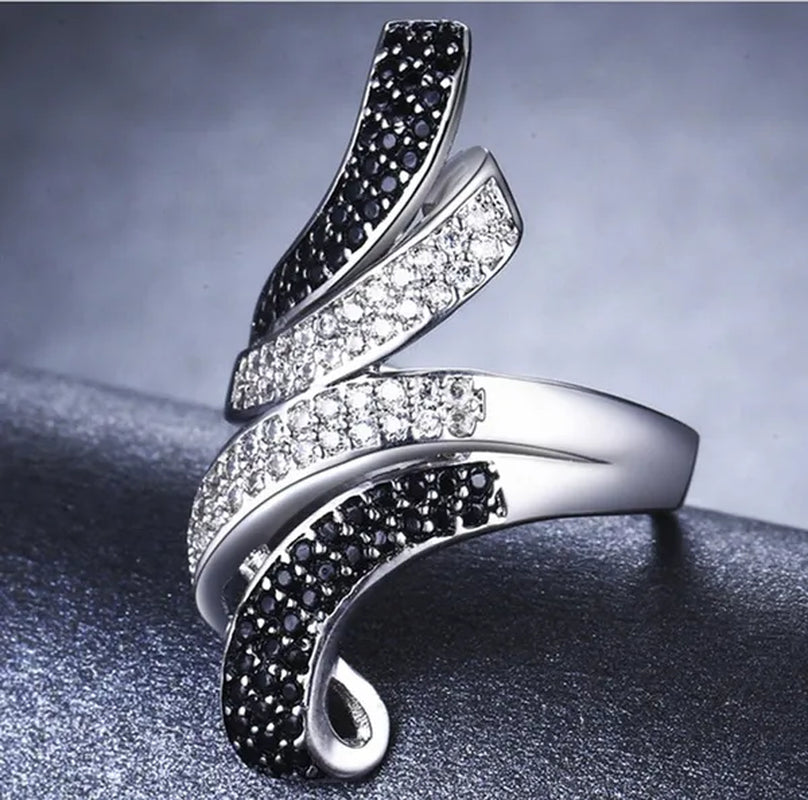 Gorgeous Silver Crown Natural Gemstones White Sapphire and Black Sapphire Birthstone Bride Wedding Engagement Multilayer Rose Flower Ring Size 6 7 8 9 10