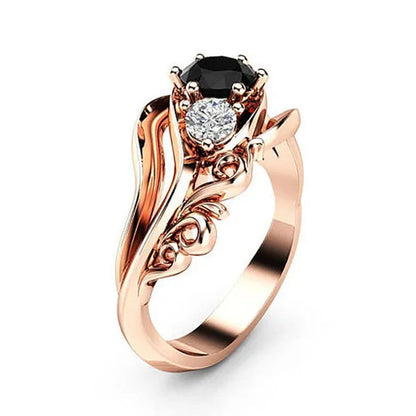 Temperament Obsidian Rose Gold -Plated Ring Fashion Flower Line Black Diamond Claw Set Twisted Belt Design Rose Gold Female Engagement Wedding Ring Birthday Anniversary Gift (Size: 5-11)