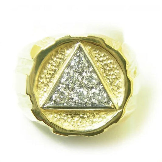 Style #607-8, 14K Gold, AA Symbol Mens Signet Style Ring with 6-25Pt. Diamonds in the Center of the Triangle