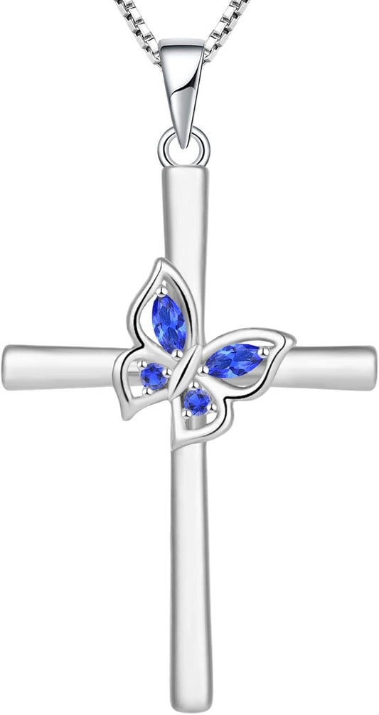 Butterfly Cross Necklace Sterling Silver Crucifix Pendant Gemstones Criss Jewelry for Women