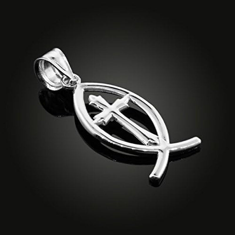 925 Sterling Silver Jesus Cross Charm Ichthus Christian Fish Pendant