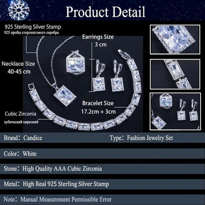 CANDICE Sparkling Princess Cut Clear Crystal Pave Stylish Sterling Silver Necklace Earrings Bracelet and Ring 4 Pcs Wedding Jewelry Set With Tiny CZ Stone