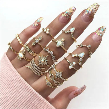 43 Pcs/3 Set Best Selling English Virgin Mary Diamond Simple Pattern Joint Ring Set Small Flower Leaf Rings For Women