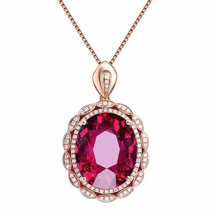 Rose Gold Big Oval Red Crystal Ruby Gemstones Diamonds Pendant Necklaces for Women Vintage Jewelry Choker Chain Bijoux Gifts