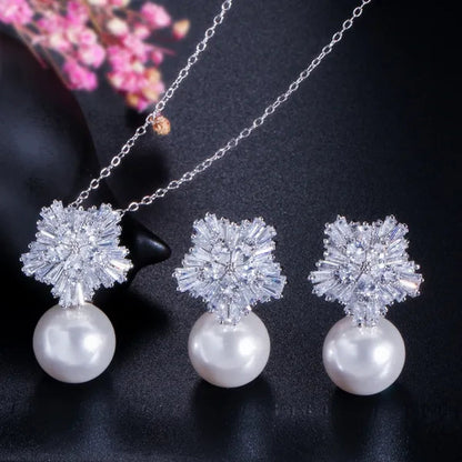 Gloriya High Quality Red Pearl Pendant Necklace Earrings Sets With Sparkling CZ Zirconia Snowflake Christmas Jewelry Set For Women Gifts