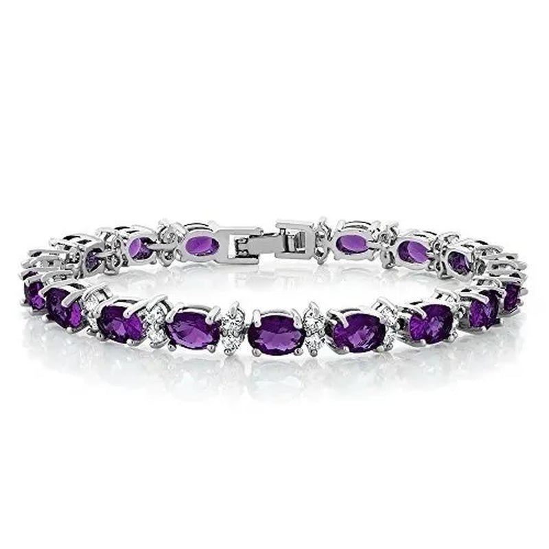 925 Sterling Silver Gorgeous Oval Ruby Amethyst Aquamarine Sapphire and round Sparkling Cubic Zirconia CZ Tennis Bracelet Jewelry Gift