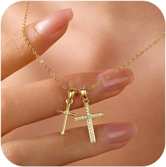 Valentines Gifts S925 Sterling Silver Heart Necklace for Women Dainty 14K Gold Plated CZ Infinity Double Cross Star Pendant Choker Necklaces Trendy Bead Chain Jewelry Gifts for Mom Daughter