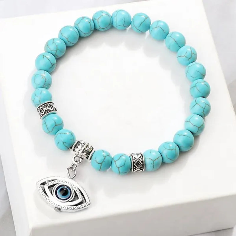 Turkey Evil Eye Beaded Bracelets Butterfly Buddhist Palm Hand Owl Turtle Alloy Pendant Bracelet Women Men Lucky Stretch Bangles Jewelry