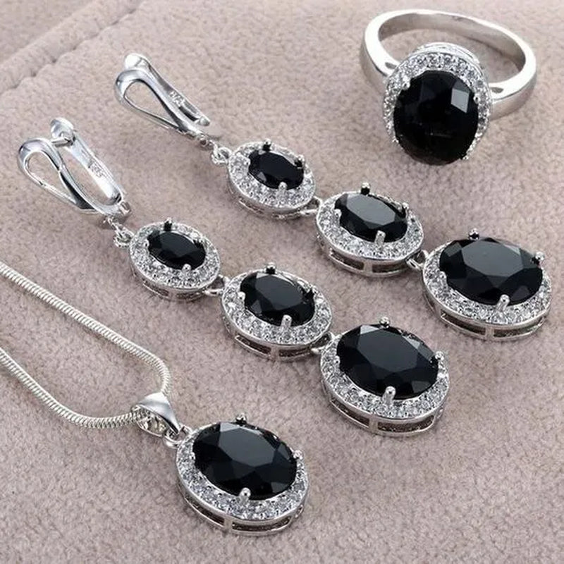 3Pcs/Set Women 925 Silver Plated Black Sapphire Ring Earrings Necklace Jewelry Set (Choice Color and Size)
