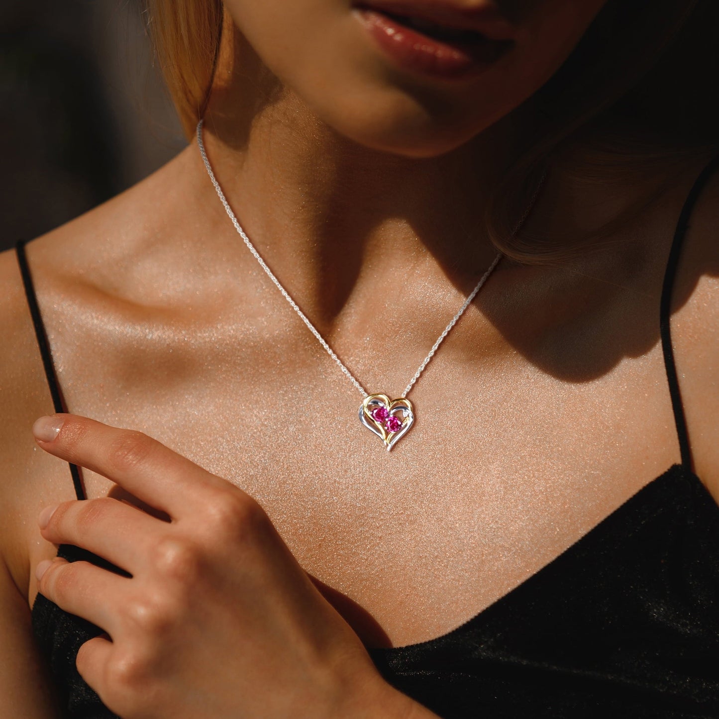 Women'S 1 1/6 Carat T.G.W. Heart-Cut Created Ruby & Round-Cut Diamond Accent T.W.-Tone Silver Double Heart Pendant with Chain with Shared Prong Setting & Spring Ring Clasp (G-H-I, I3) - 18 In.