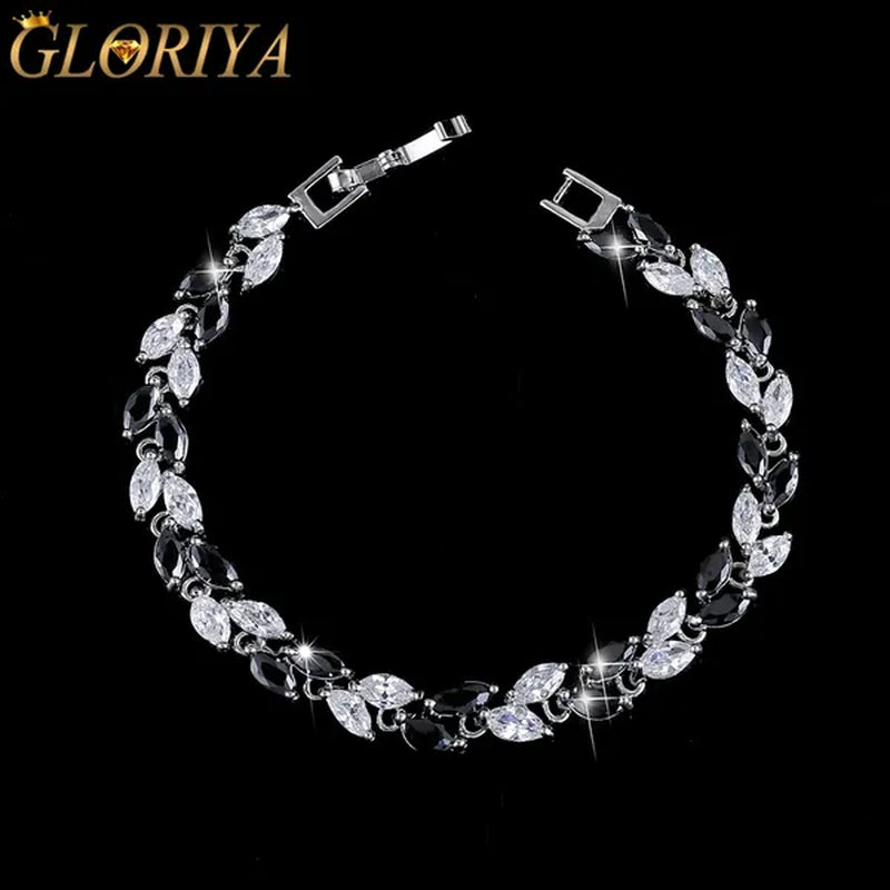 Gloriya Silver Plated Inlay Black and White AAA Grade CZ Crystal Leaf Chain Bracelet Bangle for Women 2024 Fashion Design Fashion Mujer Jewelry