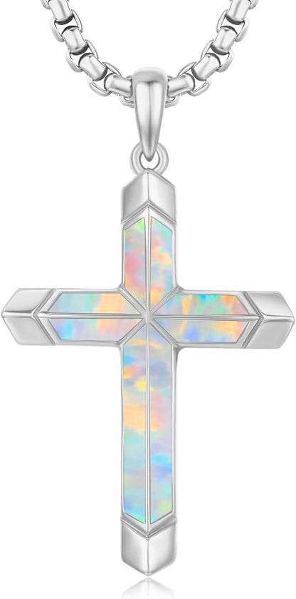Cross Necklace for Men 925 Sterling Silver Turquoise Cross Pendant Necklace Religious Protection Jewelry Gifts for Women