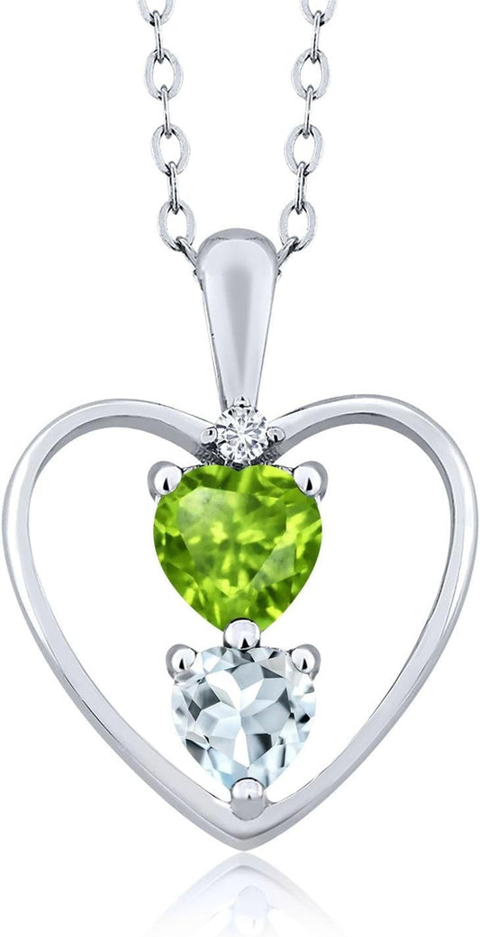 925 Sterling Silver Green Peridot Sky Blue Aquamarine and White Diamond Pendant Necklace for Women (0.67 Cttw, Heart 5MM and 4MM, with 18 Inch Silver Chain)