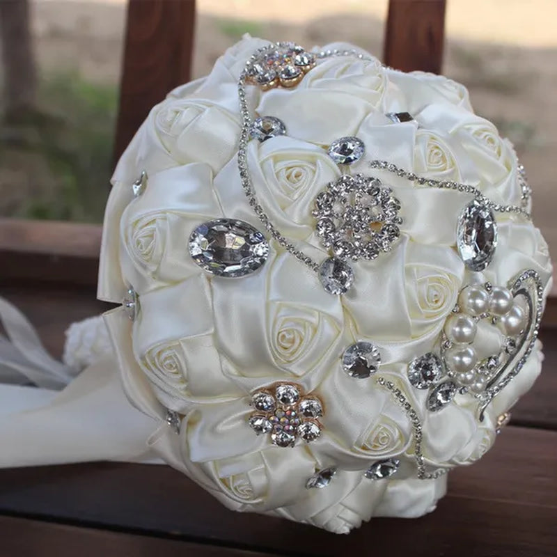 18CM Bride Holding Flowers Shiny Diamond Brooch Pearl Wedding Bouquet Mixed Color Satin Rose Bridesmaid Bouquet Customizable