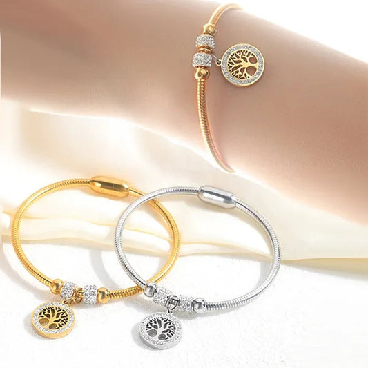 Gold Plated  Tree of Life Bangle Bracelet Women Stainless Steel Family Tree Charm Bracelets with AAA Rhinestones & Magnetic Buckle