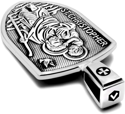 ® Saint Christopher Protect Us Medal St. Christopher Protection Shield Christian Amulet Unique Solid 925 Sterling Silver Pendant Necklace + Velvet Pouch, Polishing Cloth, Gift Box