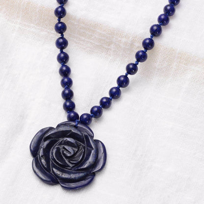 Carved Rose Blue Lapis Lazuli Beaded Necklace for Women 925 Sterling Silver Rhodium Plated Gifts for Women Size 18" Birthday Gifts