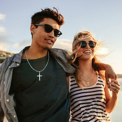 S925 Sterling Silver Beveled Edge Cross Necklace for Men Women with 5Mm Figaro Link Chain, Gold Plated/Sterling Silver Fashionable Men'S Crucifix Pendant Chain Necklaces 16-30 Inches