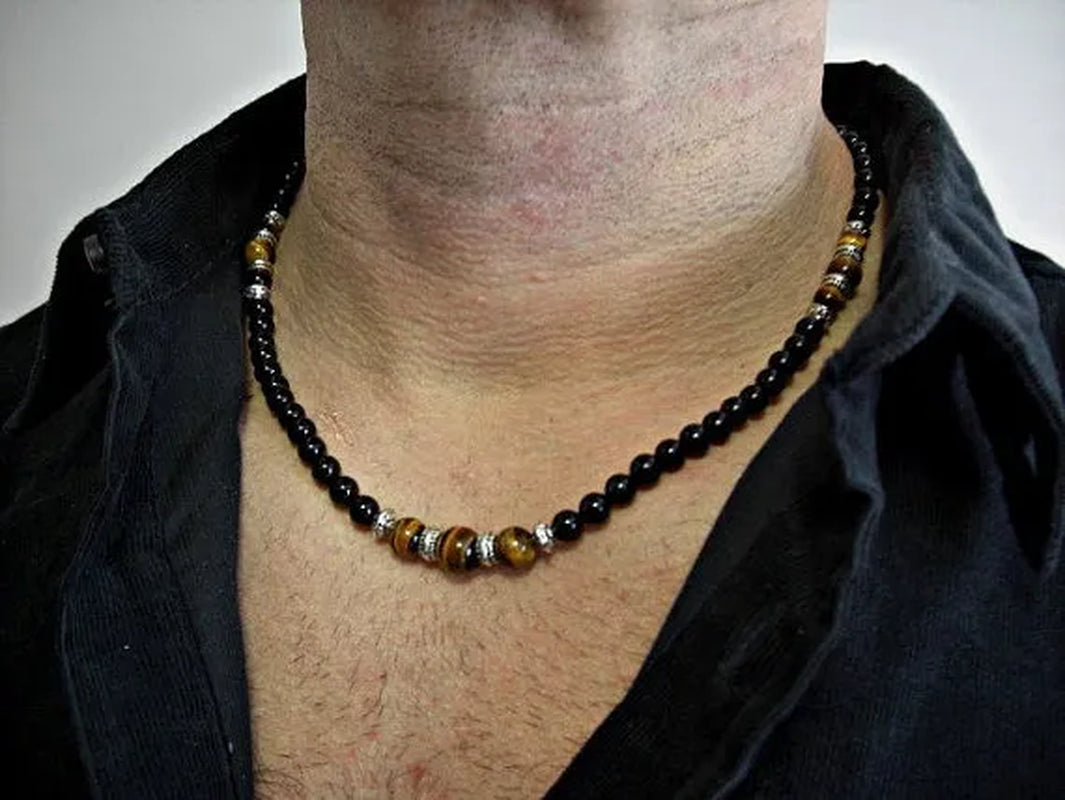 Black Onyx Tiger Eye Silver Accents Men's Necklace