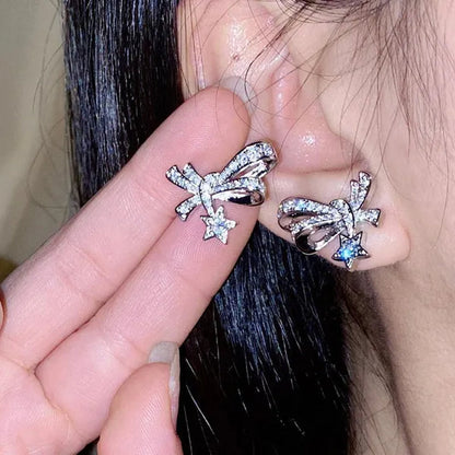 4Pcs/Set High Quality S925 Stamp Sterling Silver Post Bow with Star Pentagram Micro Inlaid Sparkling Cubic Zirconia Jewelry Set Earrings Pendant Necklace Open End Ring for Women Lovely Girl Birthday Party Anniversary Gift
