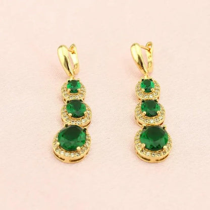 Flawless Long Gold Color Women Jewelry Sets Green Zircon Drop Earrings Necklace Pendant Rings Oval Bracelet Dating Gift