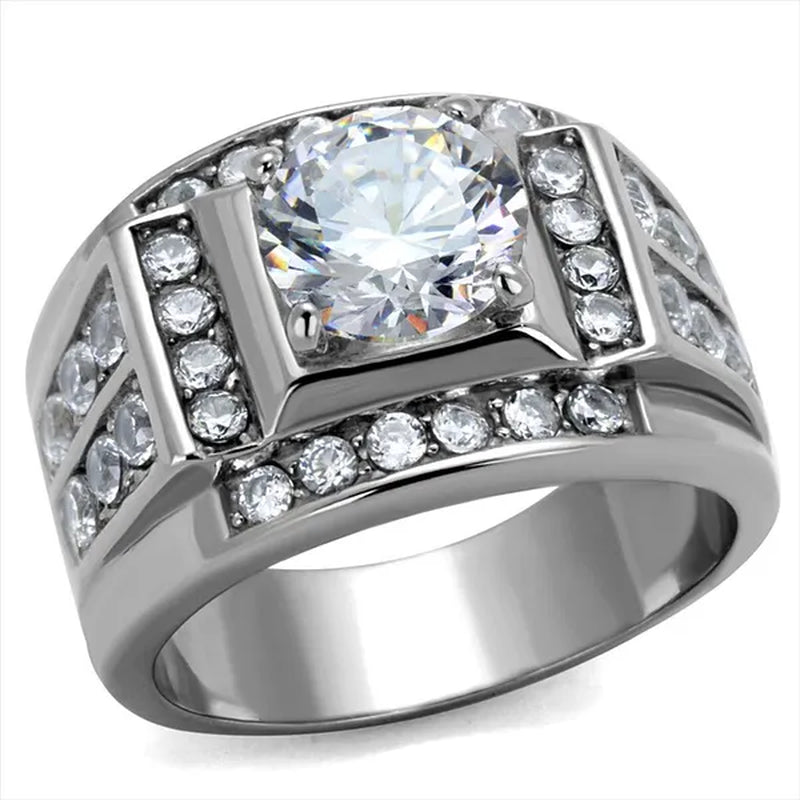 Men'S 4.03 Ct round Cut Simulated Diamond Silver Stainless Steel Ring Sizes 8-13