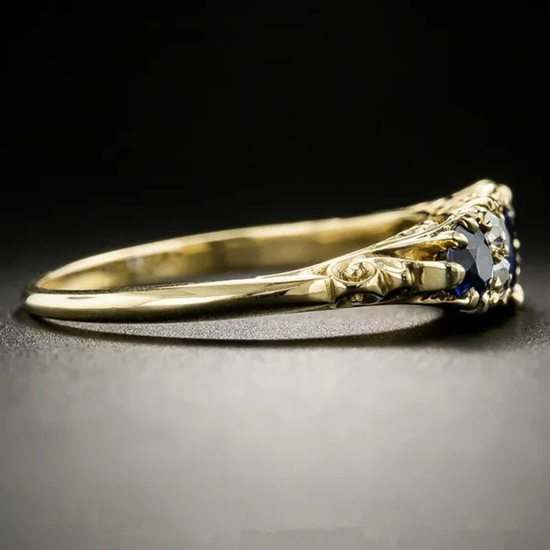 Fashion Women Art Deco Design Jewelry 18K Yellow Gold Ring Victorian Blue Sapphire and Diamond Carved Floral Ring Round Gemstone Wedding Rings Size 6 7 8 9 10