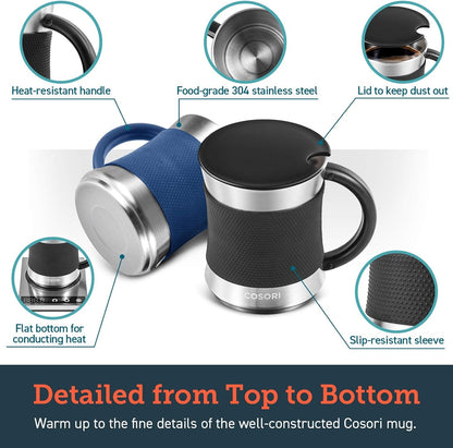 Coffee Mug with Lids Set of 2, Stainless Steel Cups with Heat-Resistant Handle & Slip-Resistant Sleeve, 17 Oz, Best Match W/Mug Warmer, for Coffee,Tea,Water,Cocoa, Milk, C1601-CM, Black & Blue