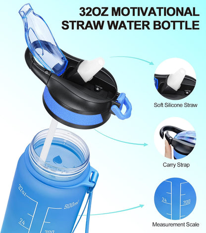 32/24 Oz Water Bottles with Removable Straw & Time Marker, Motivational Sports Bottles with BPA Free Tritan Material, Leakproof Water Jug for Fitness