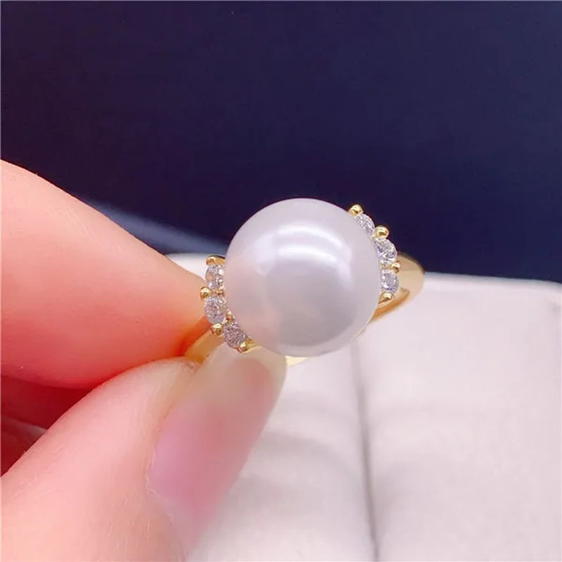 South Sea Gold Mother-of-Pearl Pearl Ring Bracelet Seawater Pearl Round 925 Sterling Silver Diamond Open Ring Female
