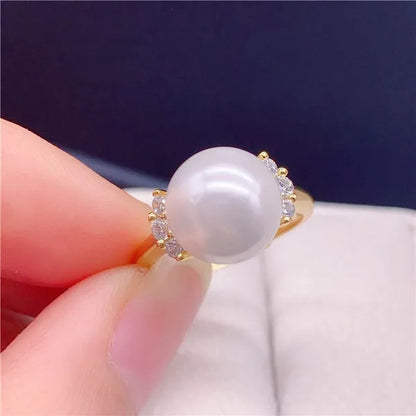 South Sea Gold Mother-of-Pearl Pearl Ring Bracelet Seawater Pearl Round 925 Sterling Silver Diamond Open Ring Female