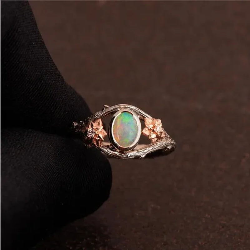 Antique Silver Women'S Vintage Two Tone Silver & Rose Gold Twig and Rose Gold Flowers Opal Ring Anniversary Gift Engagement Bridal Wedding Jewelry Rings Size 5-10