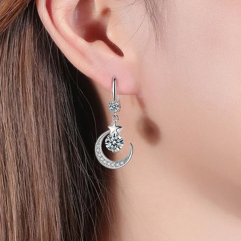 Female Fashion Star Moon Earrings Silver Plated Pink Blue White Cubic Zirconia Dangle Earrings Bride Wedding Engagement Anniversary Valentine'S Day Gift Jewelry